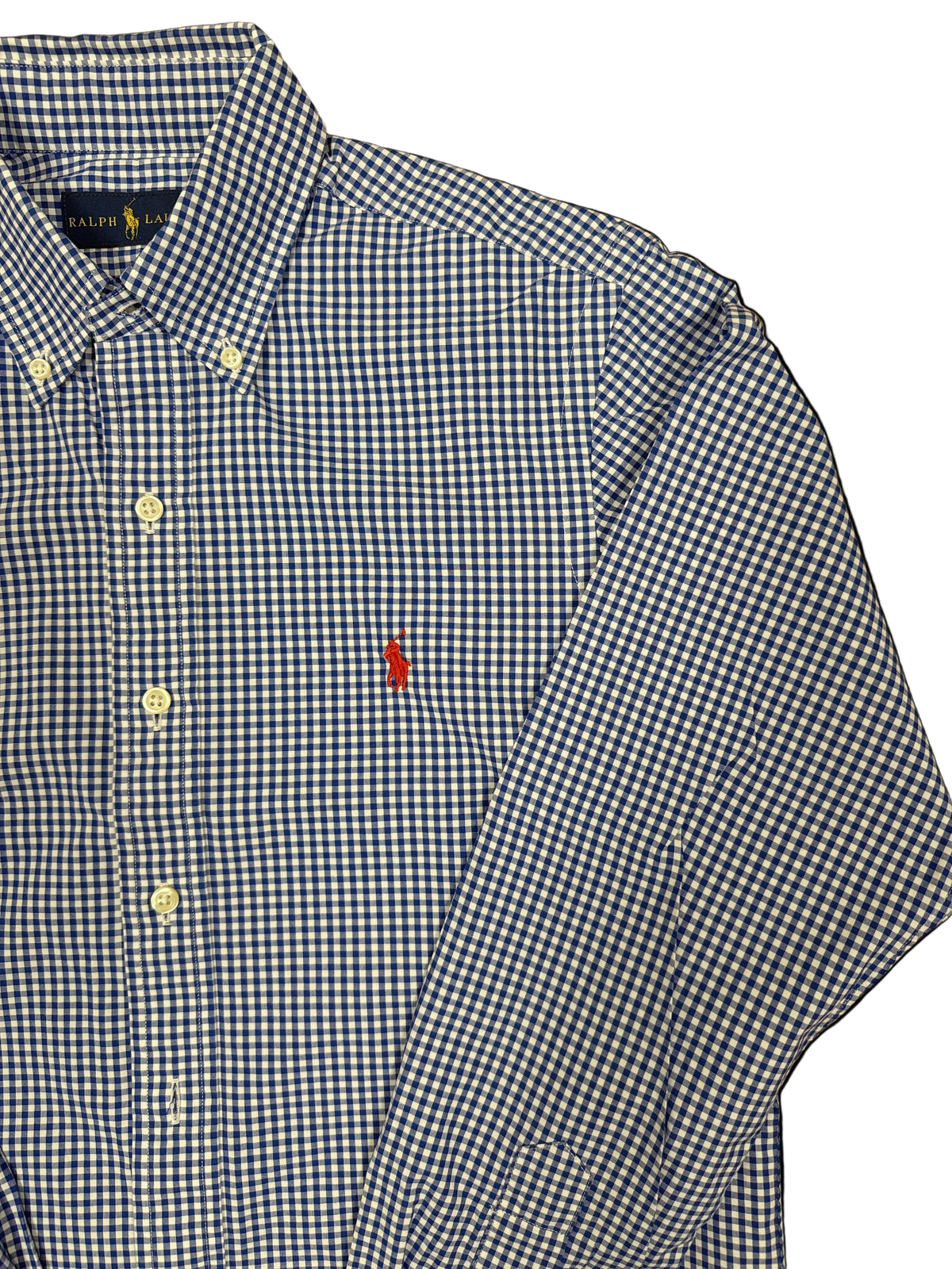 OMJ Vintage Ralph Lauren blue and white gingham cotton button-down shirt with red embroidered pony logo