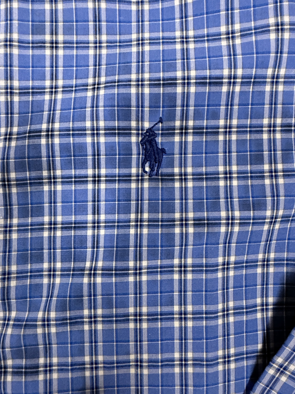 OMJ Vintage Ralph Lauren slim fit button-down shirt in a blue and white plaid pattern with an embroidered pony logo.