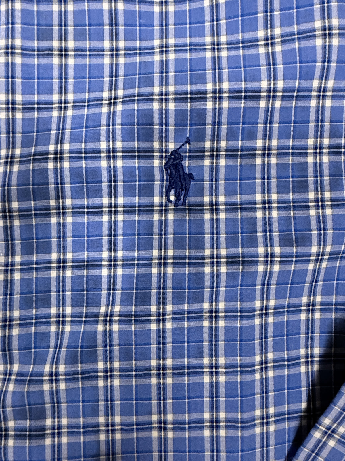 OMJ Vintage Ralph Lauren slim fit button-down shirt in a blue and white plaid pattern with an embroidered pony logo.