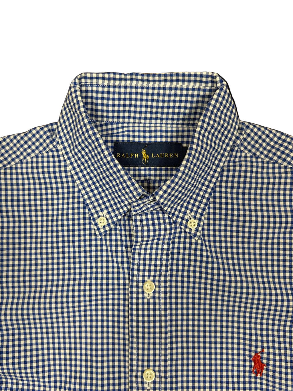OMJ Vintage Ralph Lauren blue and white gingham cotton button-down shirt with red embroidered pony logo