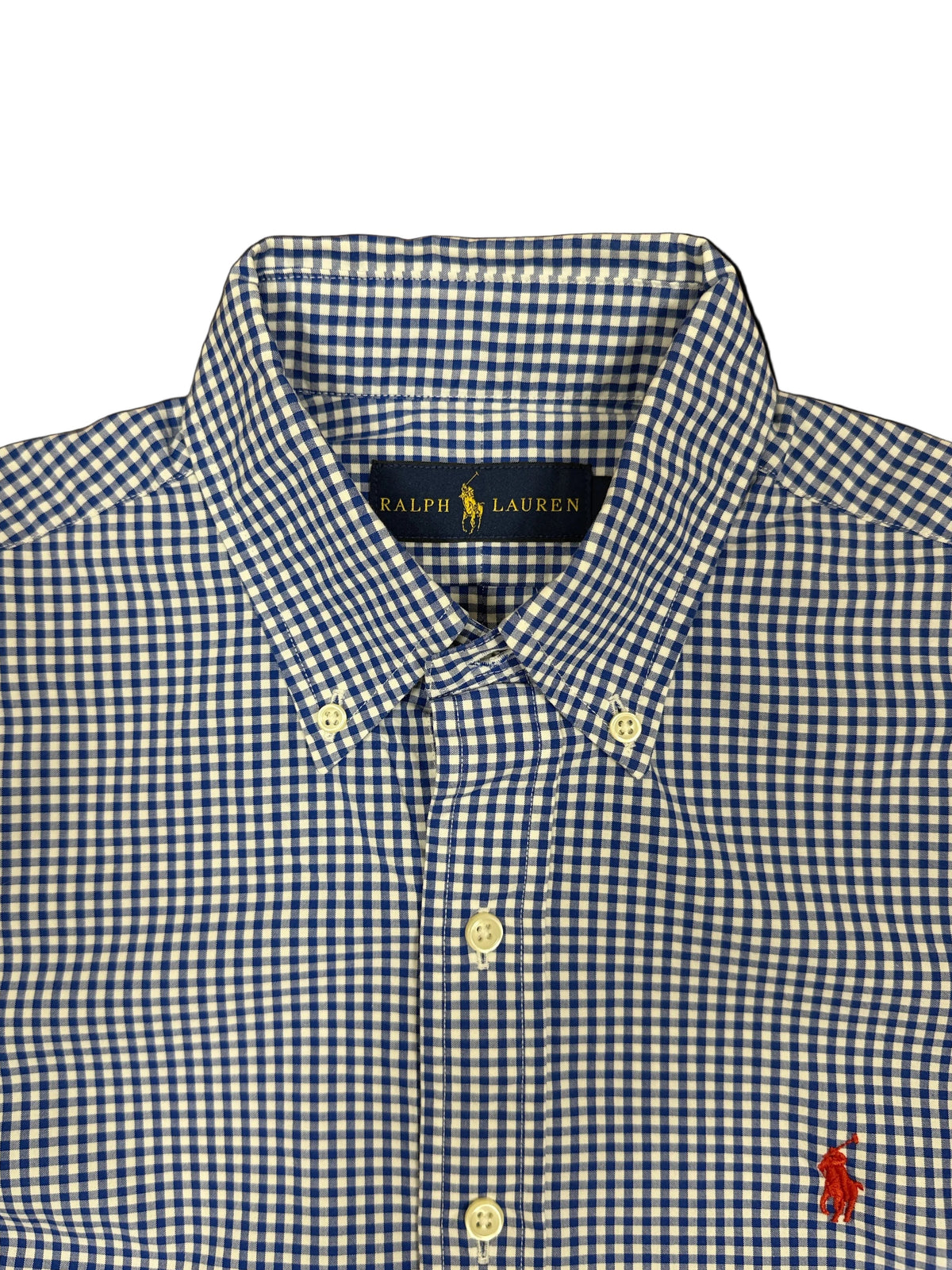 OMJ Vintage Ralph Lauren blue and white gingham cotton button-down shirt with red embroidered pony logo