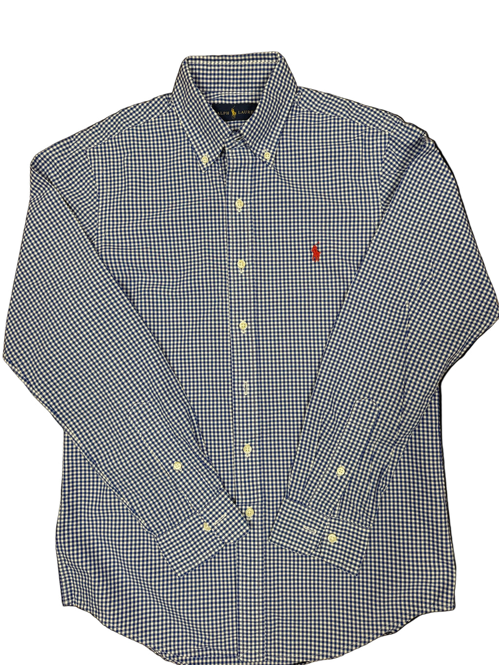 OMJ Vintage Ralph Lauren blue and white gingham cotton button-down shirt with red embroidered pony logo