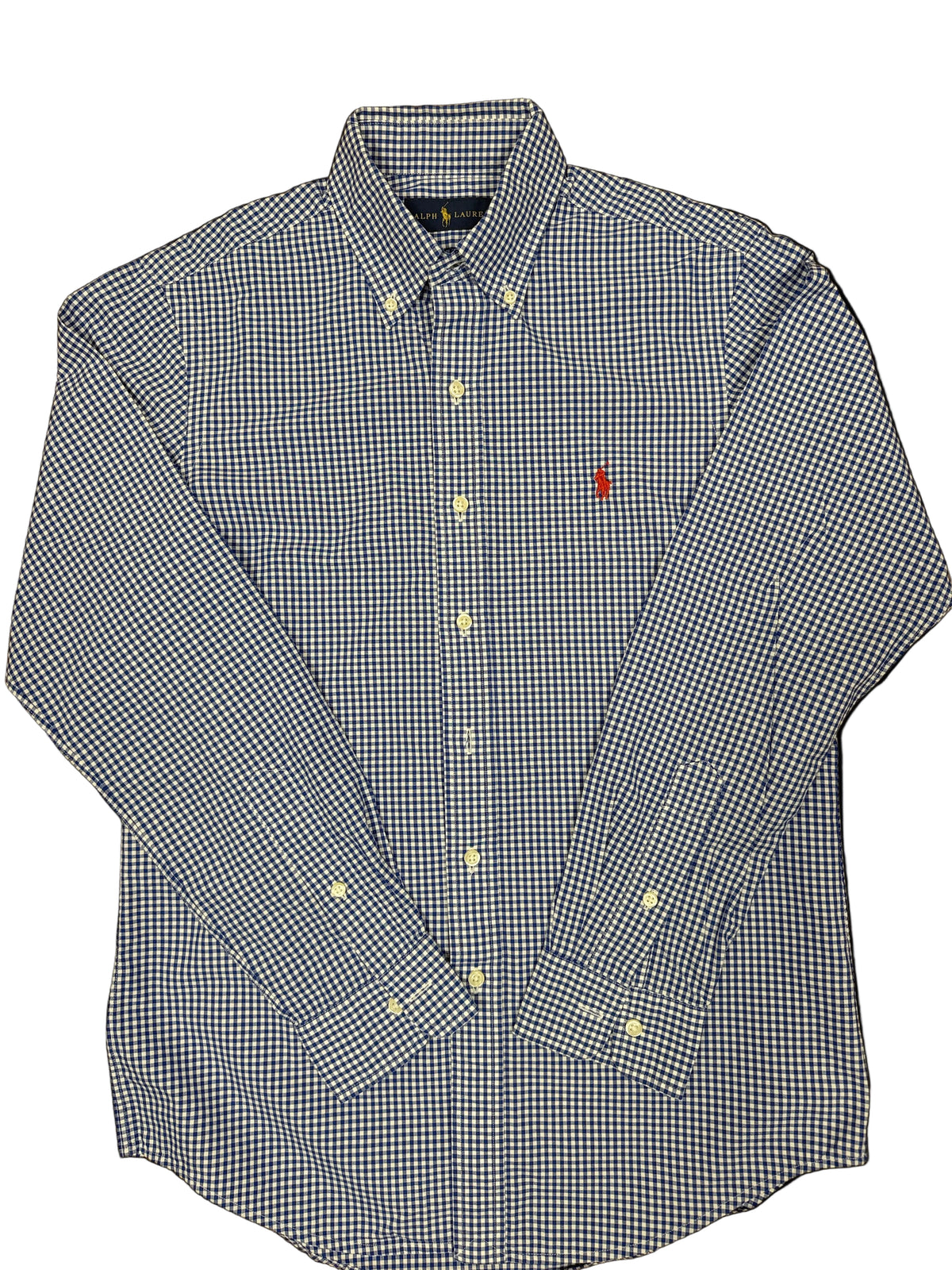 OMJ Vintage Ralph Lauren blue and white gingham cotton button-down shirt with red embroidered pony logo