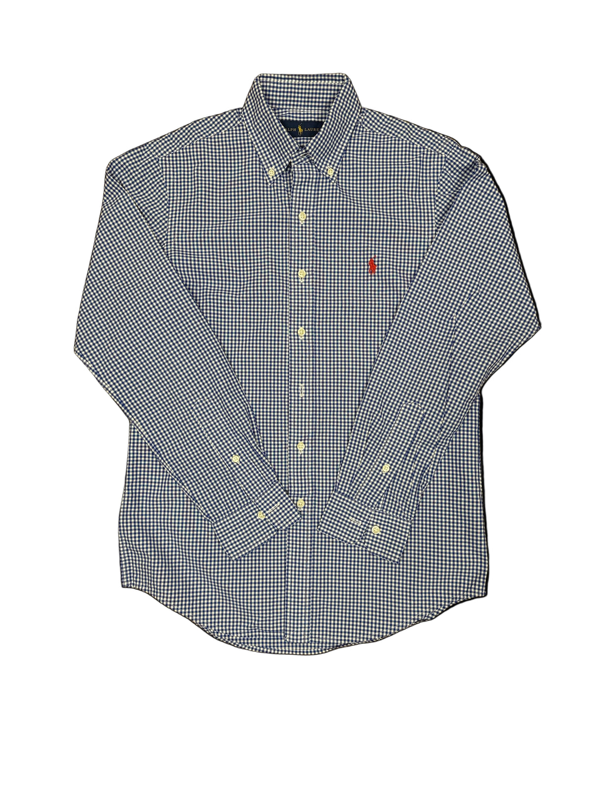 OMJ Vintage Ralph Lauren blue and white gingham cotton button-down shirt with a red embroidered pony logo