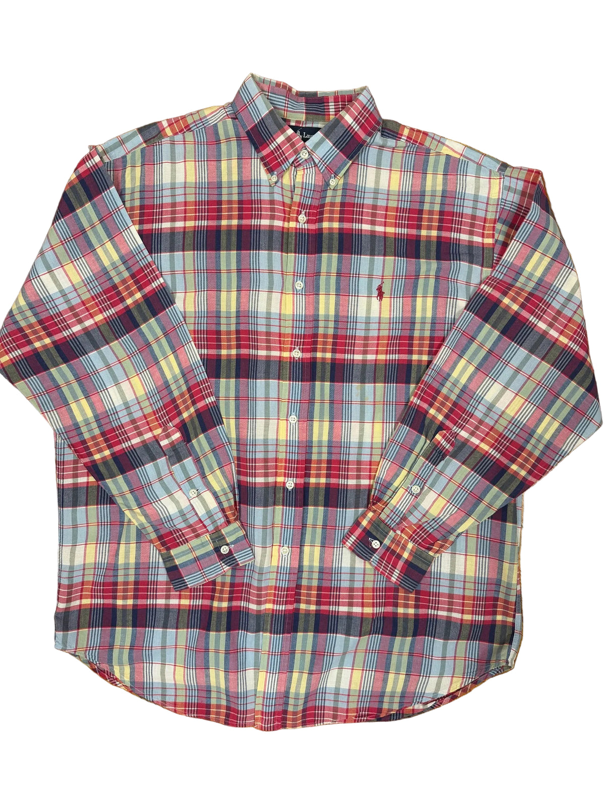 OMJ Vintage Ralph Lauren Blake long-sleeve button-down shirt in a red, yellow, and blue plaid cotton pattern.