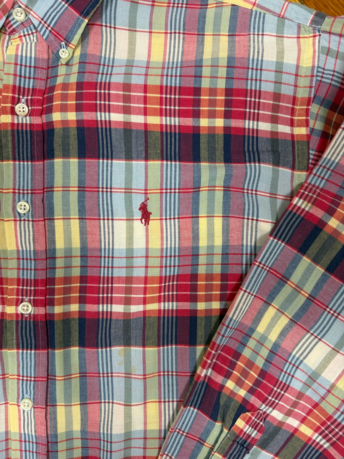 OMJ Vintage Ralph Lauren Blake plaid cotton button-down shirt in red, yellow, and blue with embroidered pony logo