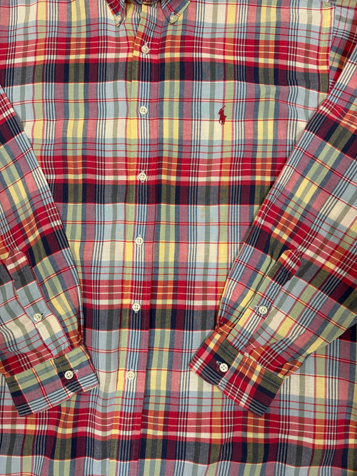 OMJ Vintage Ralph Lauren Blake button-down shirt in red, yellow, and blue plaid cotton with embroidered pony logo.