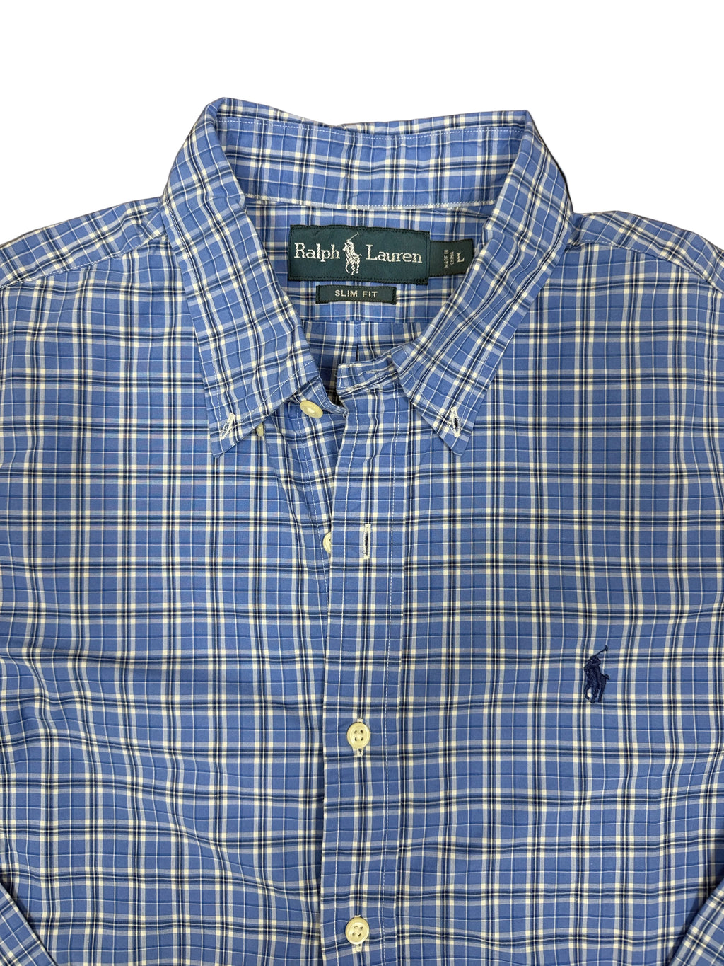 OMJ Vintage Ralph Lauren slim fit button-down shirt in blue and white plaid with embroidered chest logo