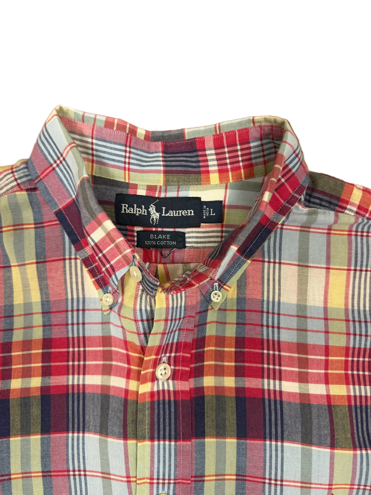 OMJ Vintage Ralph Lauren Blake button-down shirt in a red, yellow, and blue plaid cotton pattern with collar detail.