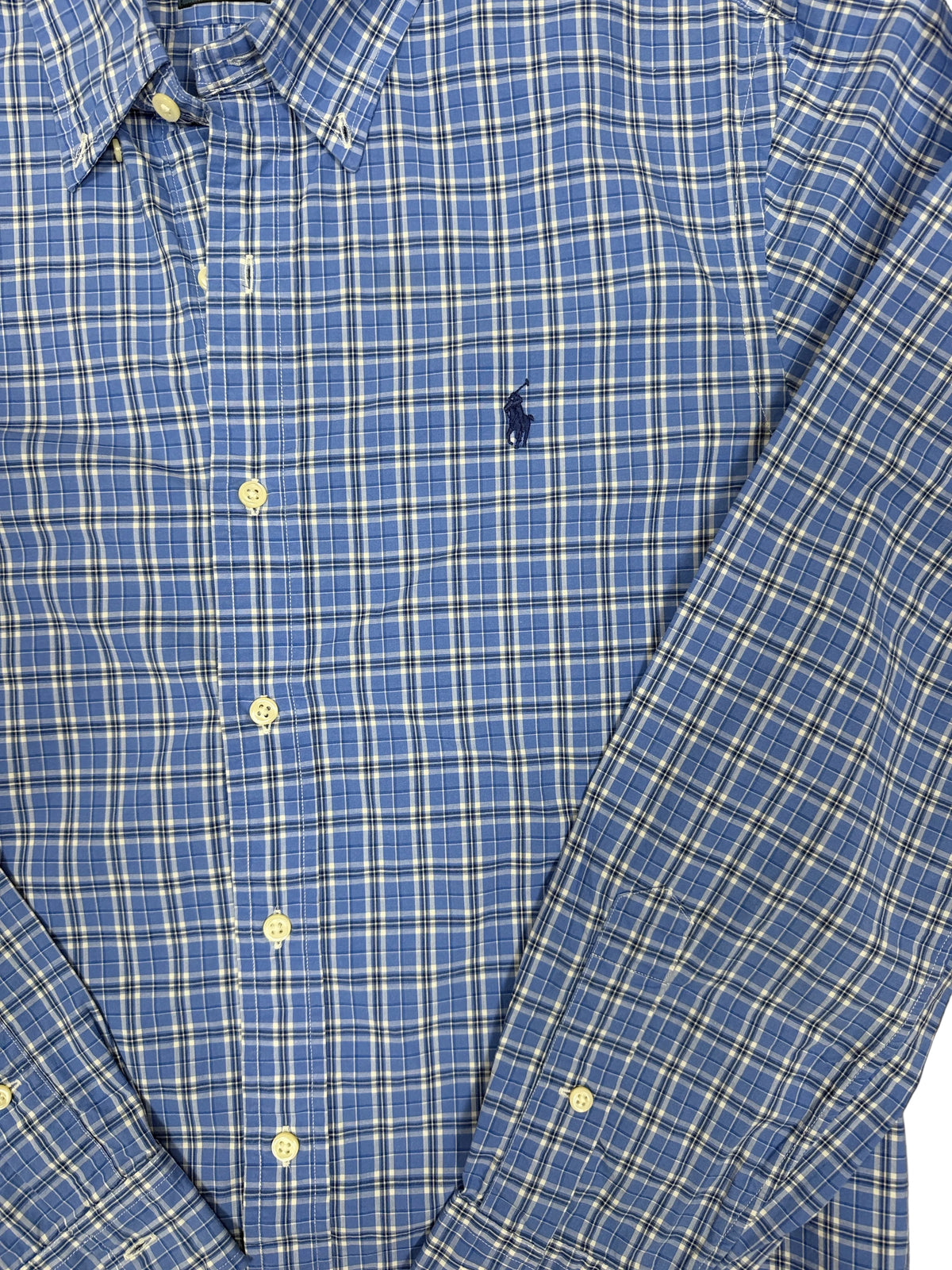 OMJ Vintage Ralph Lauren slim fit button-down shirt in blue and white plaid with an embroidered chest pony logo.