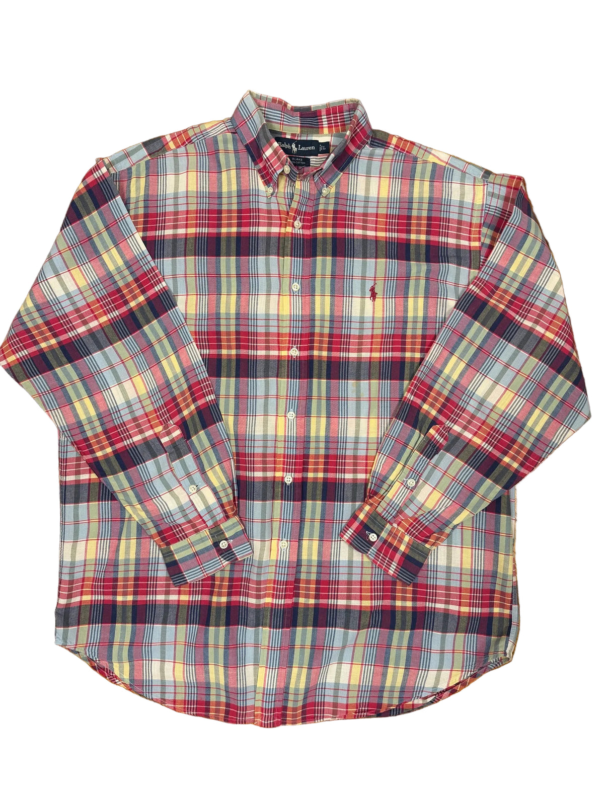OMJ Vintage Ralph Lauren Blake button-down shirt in a red, yellow, and blue plaid cotton pattern with chest logo.