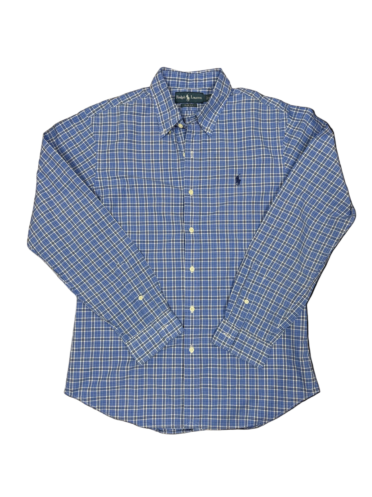 OMJ Vintage Ralph Lauren slim fit button-down shirt in blue and white plaid with embroidered chest logo