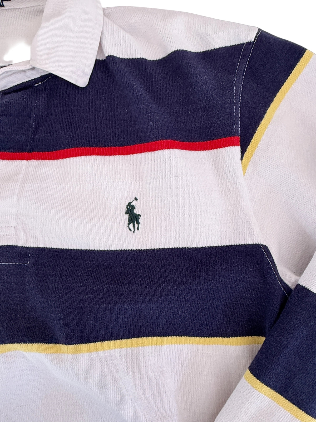 OMJ Vintage Polo by Ralph Lauren rugby shirt featuring navy, white, red, and yellow stripes with embroidered pony logo