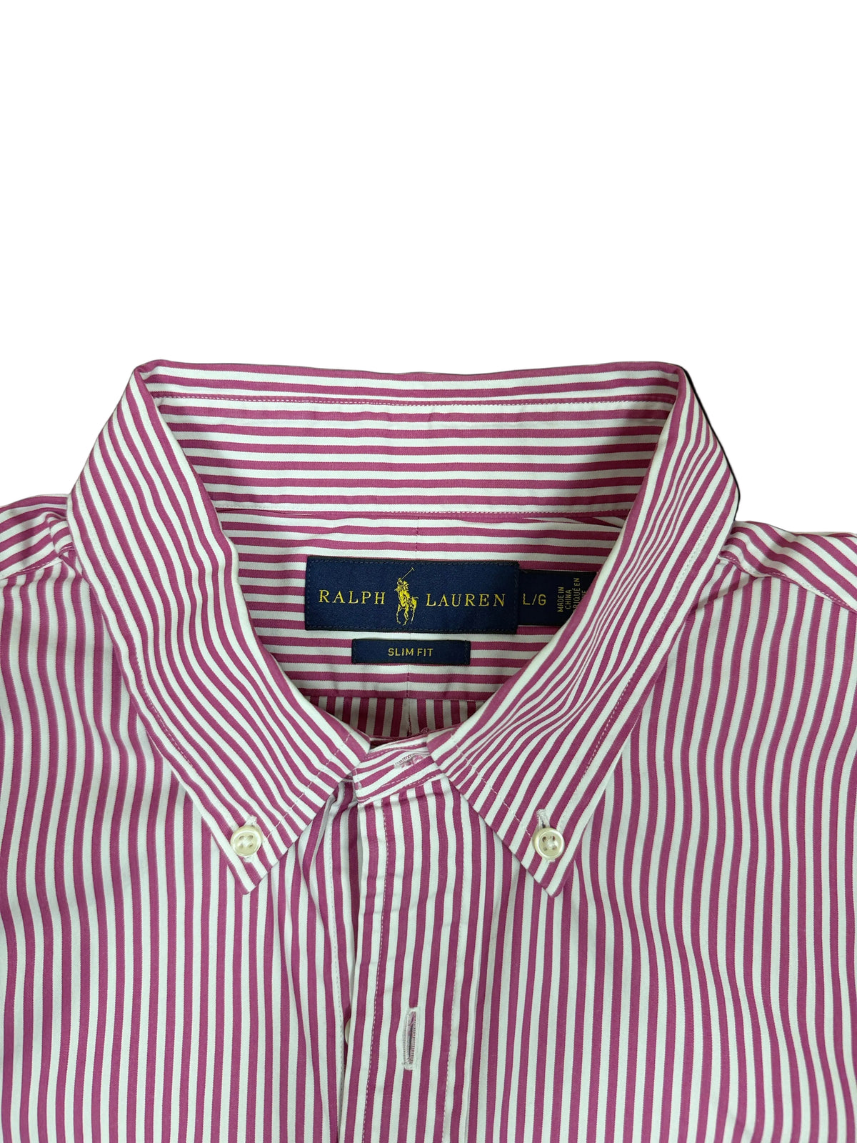 OMJ Vintage Ralph Lauren slim fit button-down shirt in white and burgundy stripes with a classic collar.