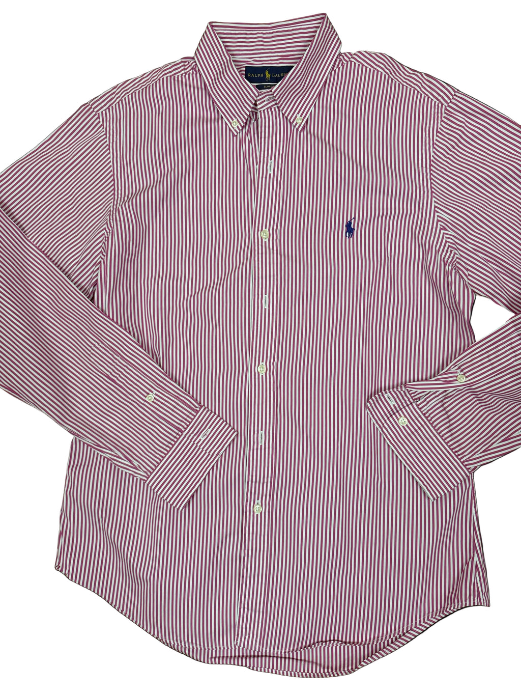 OMJ Vintage Ralph Lauren slim-fit long-sleeve button-down shirt in white and burgundy vertical stripes