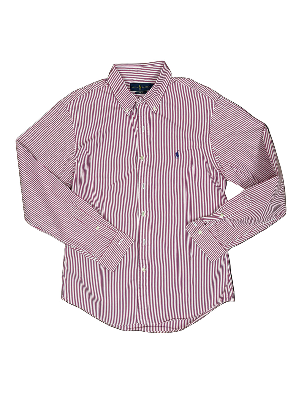 OMJ Vintage Ralph Lauren long-sleeve button-down shirt in white and burgundy stripes with embroidered chest logo