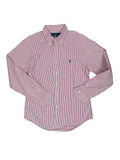 OMJ Vintage Ralph Lauren long-sleeve button-down shirt in white and burgundy stripes with embroidered chest logo
