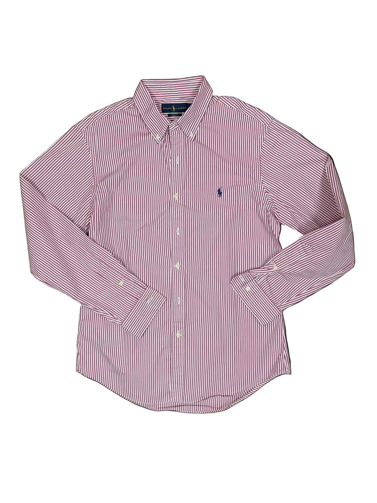 OMJ Vintage Ralph Lauren long-sleeve button-down shirt in white and burgundy stripes with embroidered chest logo