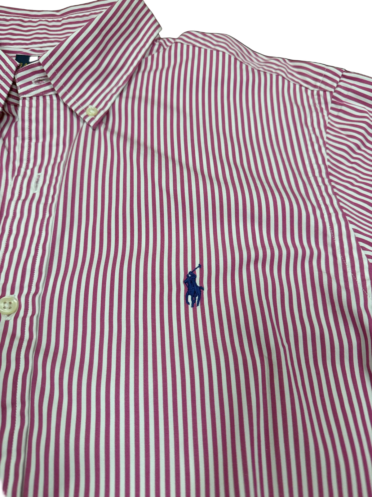 OMJ Vintage Ralph Lauren long-sleeve button-down shirt in white and burgundy stripes with embroidered pony logo