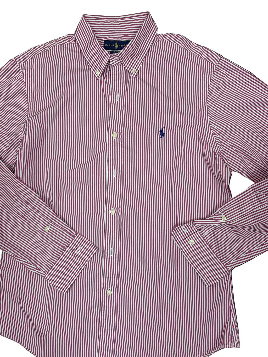 OMJ Vintage Ralph Lauren long-sleeve button-down shirt in white and burgundy stripes with embroidered chest logo