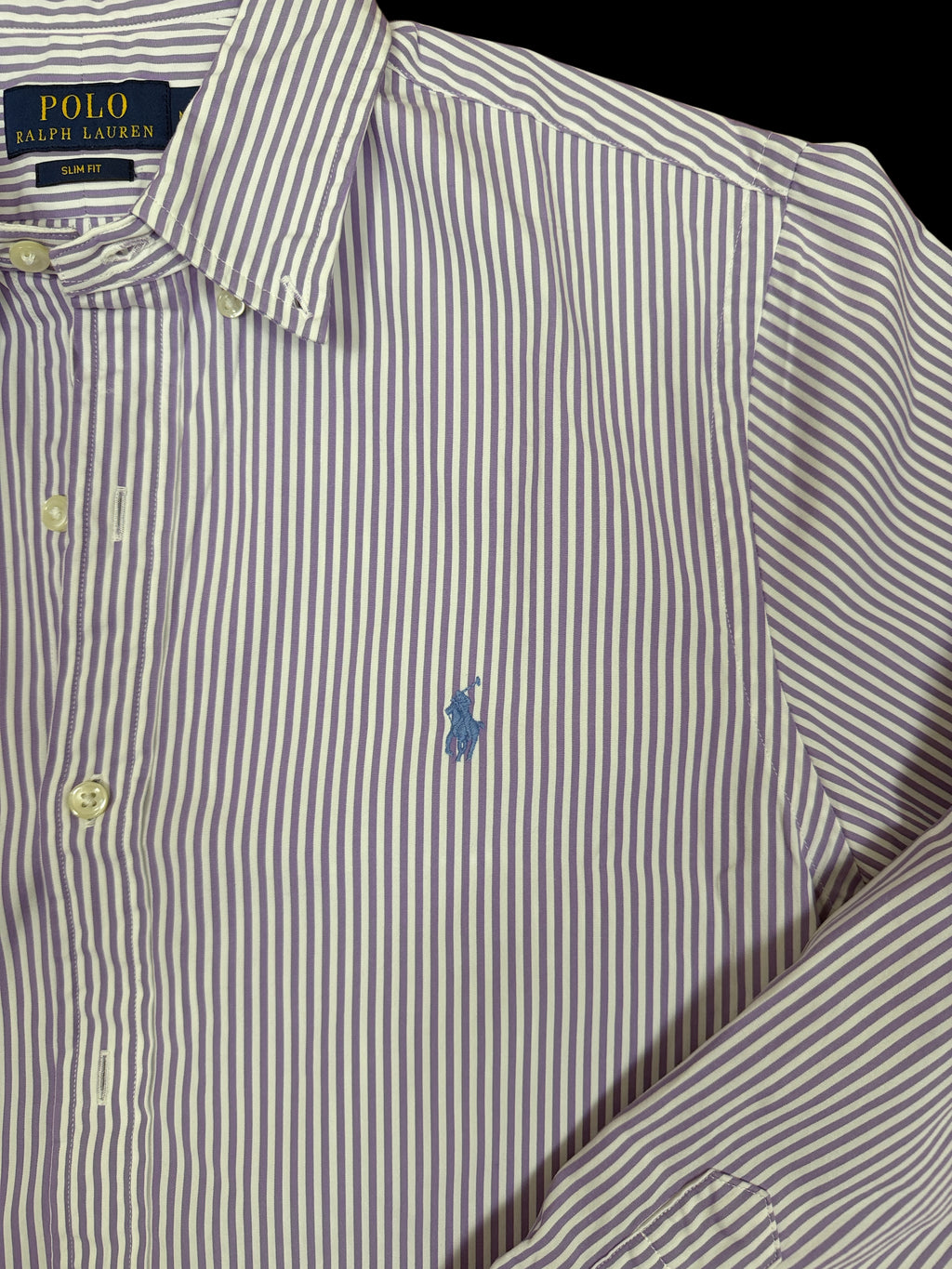 OMJ Vintage Polo Ralph Lauren slim fit button-down shirt in purple and white vertical stripes with embroidered logo