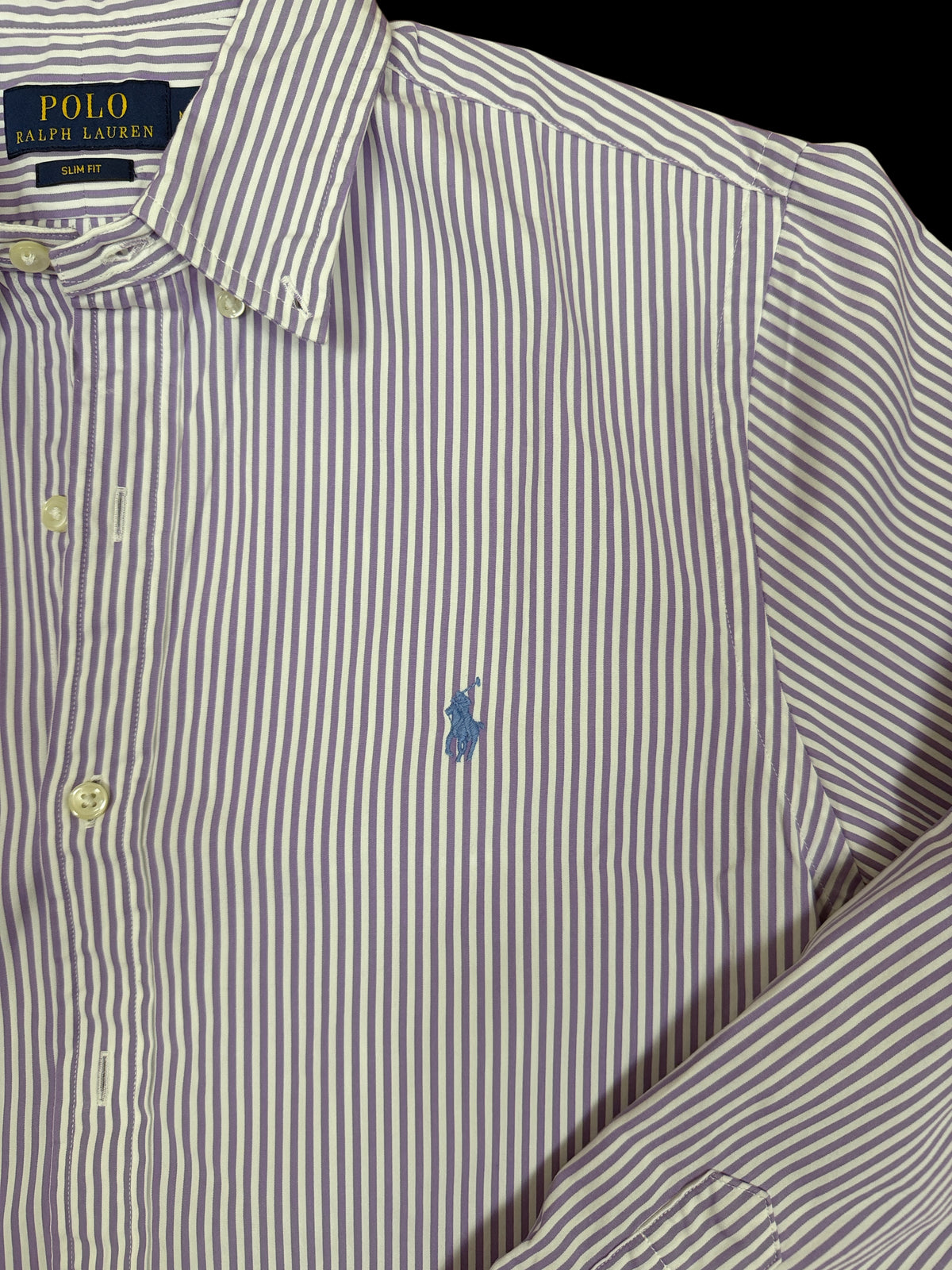 OMJ Vintage Polo Ralph Lauren slim fit button-down shirt in purple and white vertical stripes with embroidered logo