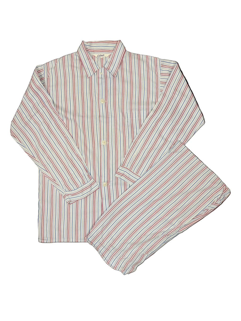 OMJ Vintage pajama set featuring a white button-down top and pants with red and blue vertical stripes.