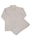 OMJ Vintage pajama set featuring a white button-down top and pants with red and blue vertical stripes.