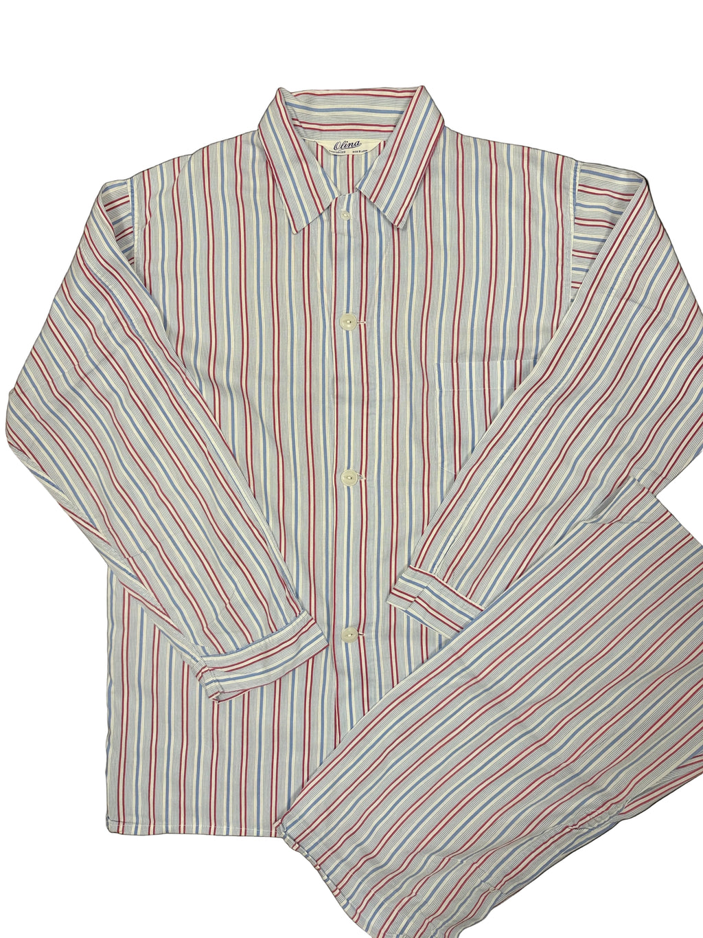 OMJ Vintage Olina pajama set featuring a white button-down top and pants with red and blue vertical stripes.