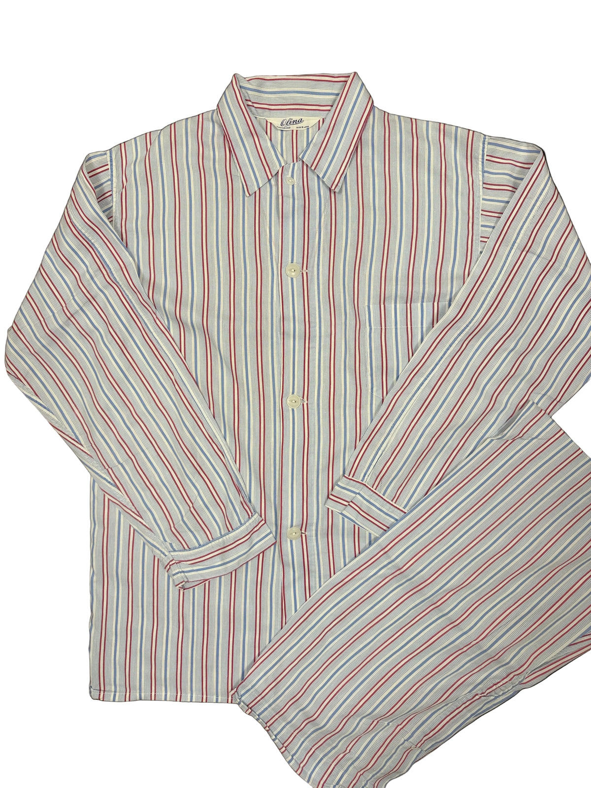OMJ Vintage Olina pajama set featuring a white button-down top and pants with red and blue vertical stripes.