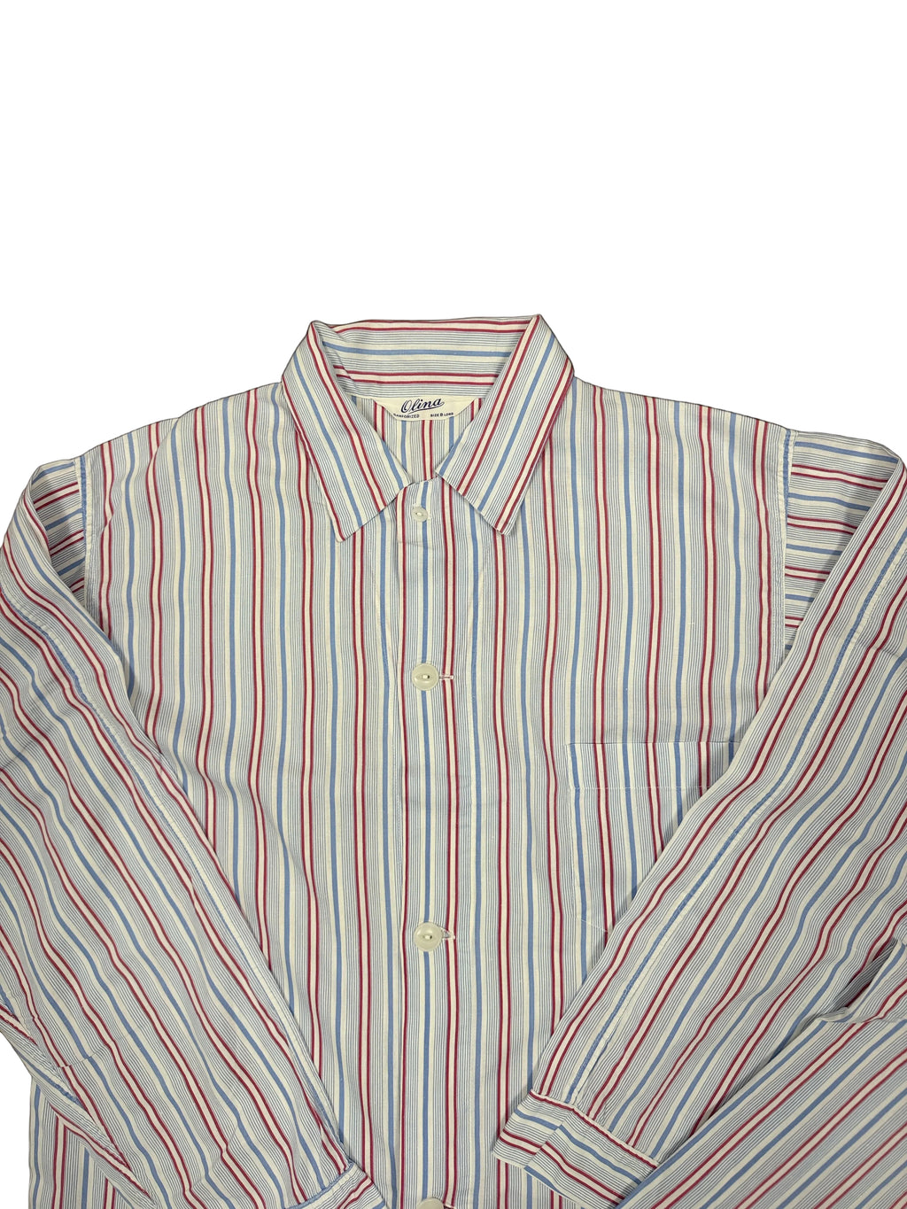 OMJ Vintage Olina pajama top in white with red and blue vertical stripes, featuring a collar and button-down front.