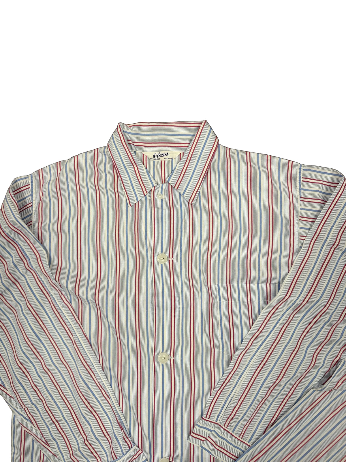 OMJ Vintage Olina pajama top in white with red and blue vertical stripes, featuring a collar and button-down front.