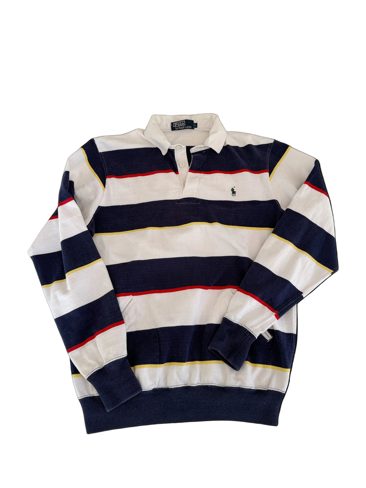 OMJ Vintage Polo by Ralph Lauren striped long sleeve rugby shirt with kangaroo pocket and embroidered pony logo