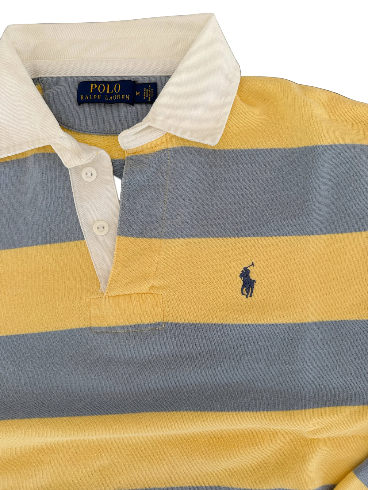 OMJ Vintage Polo Ralph Lauren rugby shirt in yellow and slate blue stripes with a white collar and pony logo
