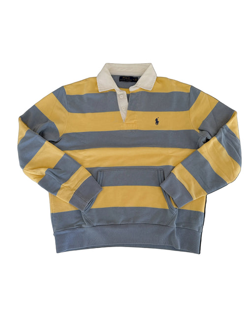OMJ Vintage Polo Ralph Lauren yellow and slate blue striped cotton rugby sweatshirt with white collar and pocket