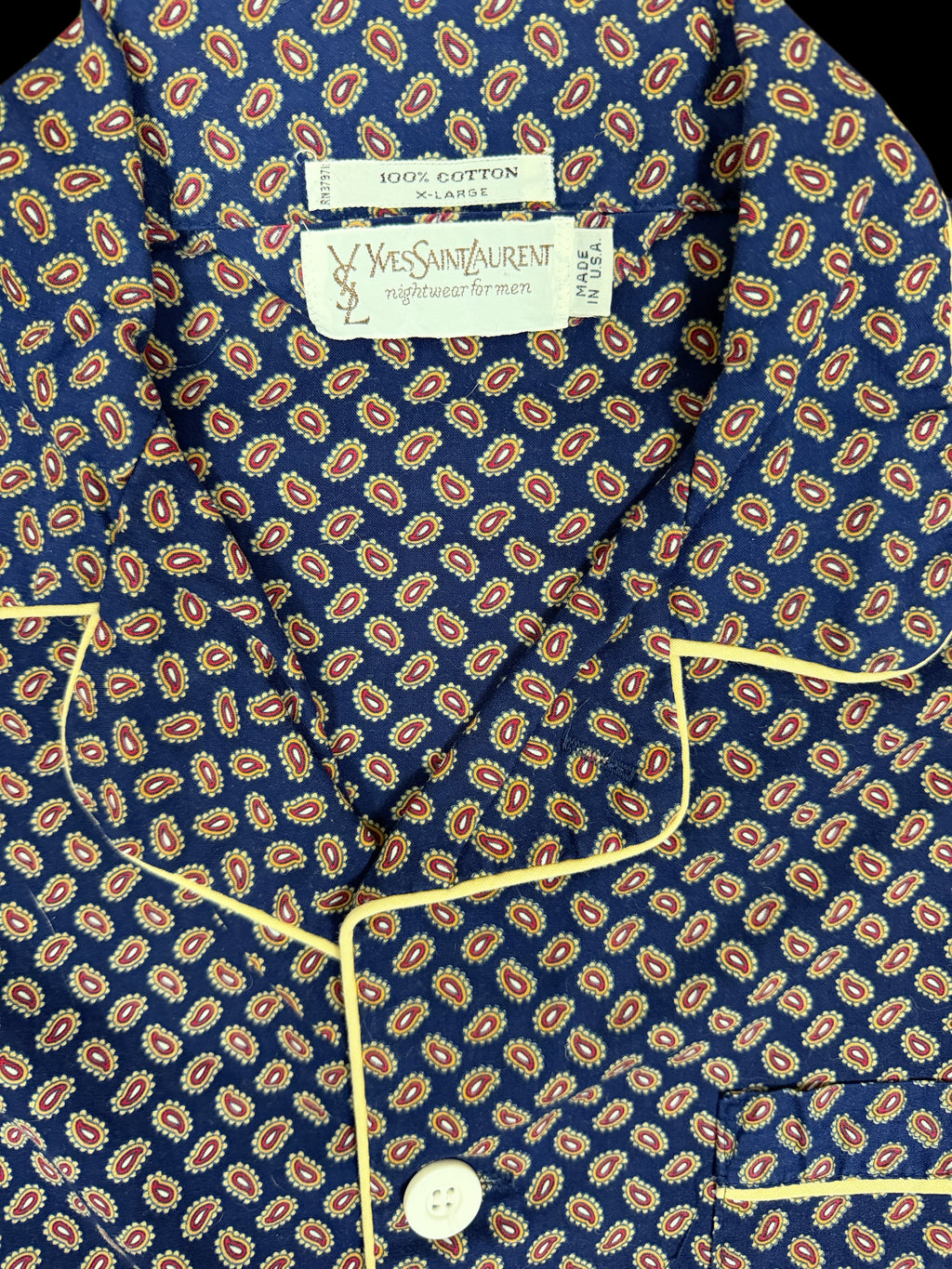 OMJ Vintage Yves Saint Laurent navy blue cotton pajama shirt with intricate paisley print and yellow contrast piping.