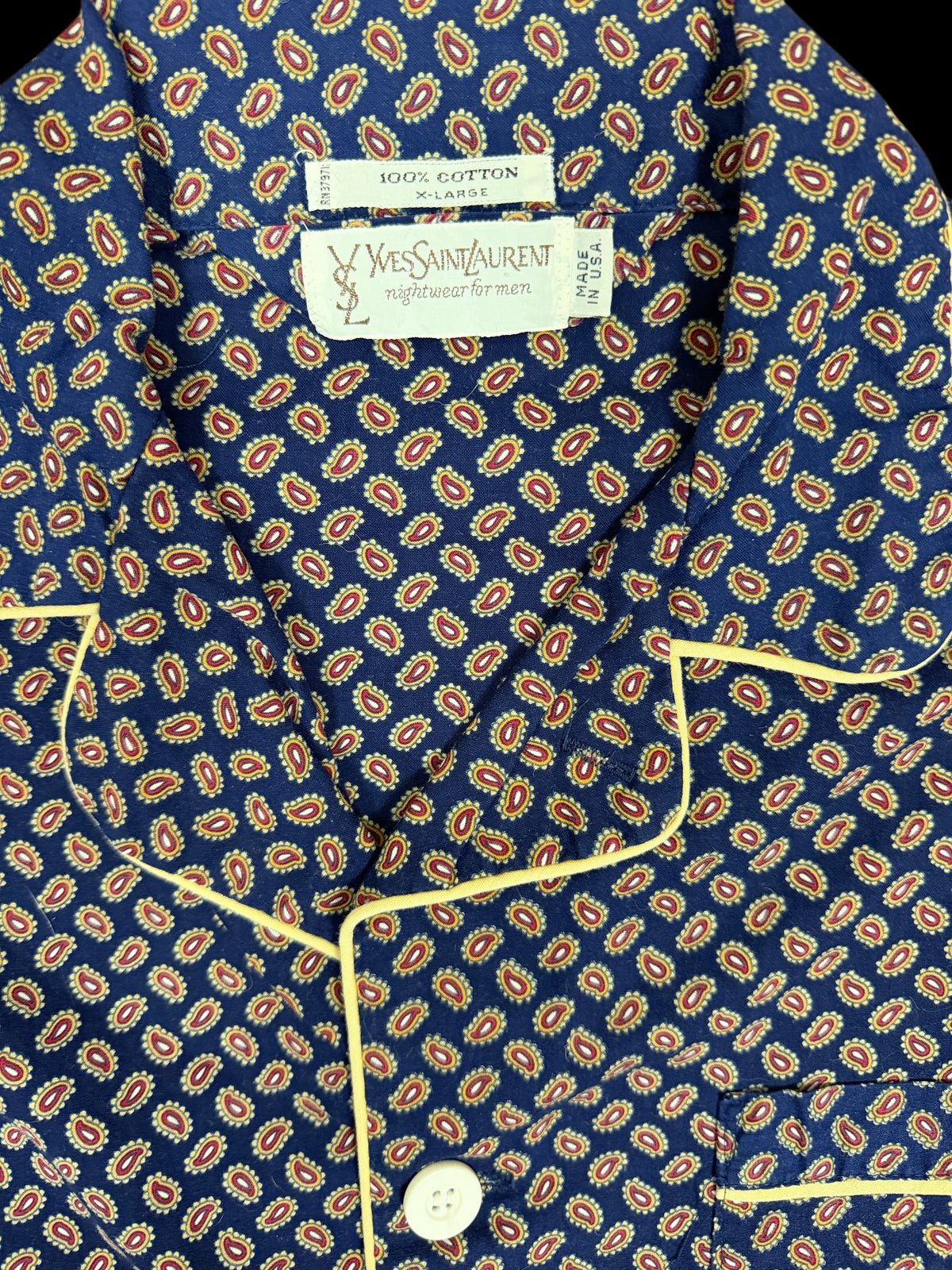 OMJ Vintage Yves Saint Laurent navy blue cotton pajama shirt with intricate paisley print and yellow contrast piping.