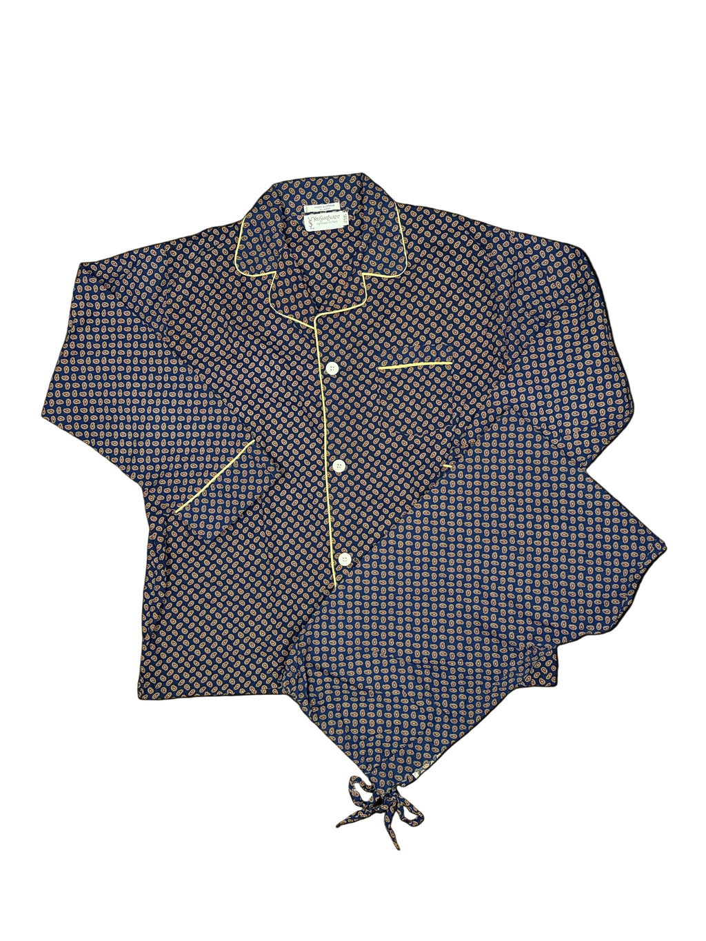 OMJ Vintage Yves Saint Laurent navy blue cotton pajama set with intricate paisley print and contrast piping.
