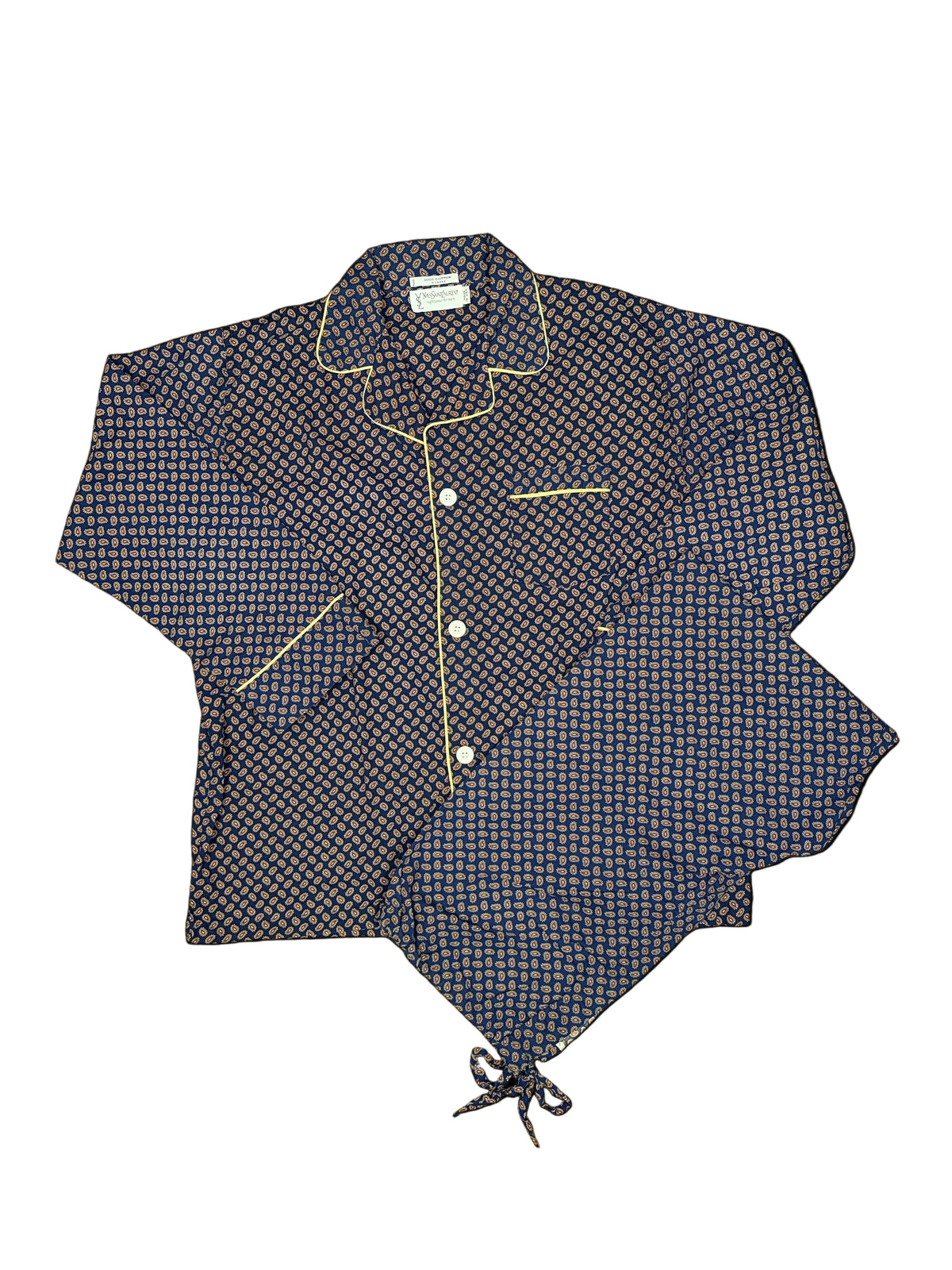 OMJ Vintage Yves Saint Laurent navy blue cotton pajama set with intricate paisley print and contrast piping.